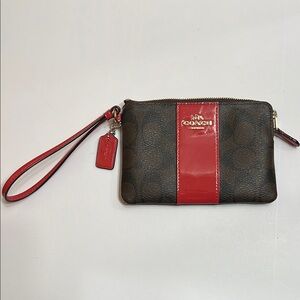 Coach Red Patent Stripe/Brown Corner Zipper Wristlet